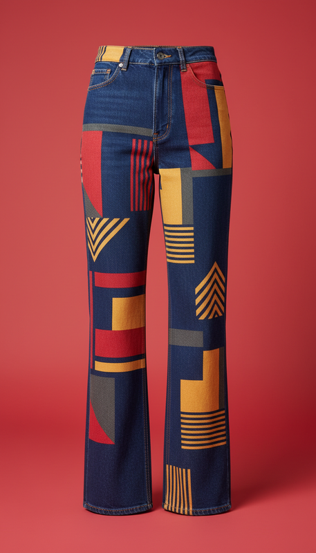 Pattern Overlay High-Waisted Denim Trousers
